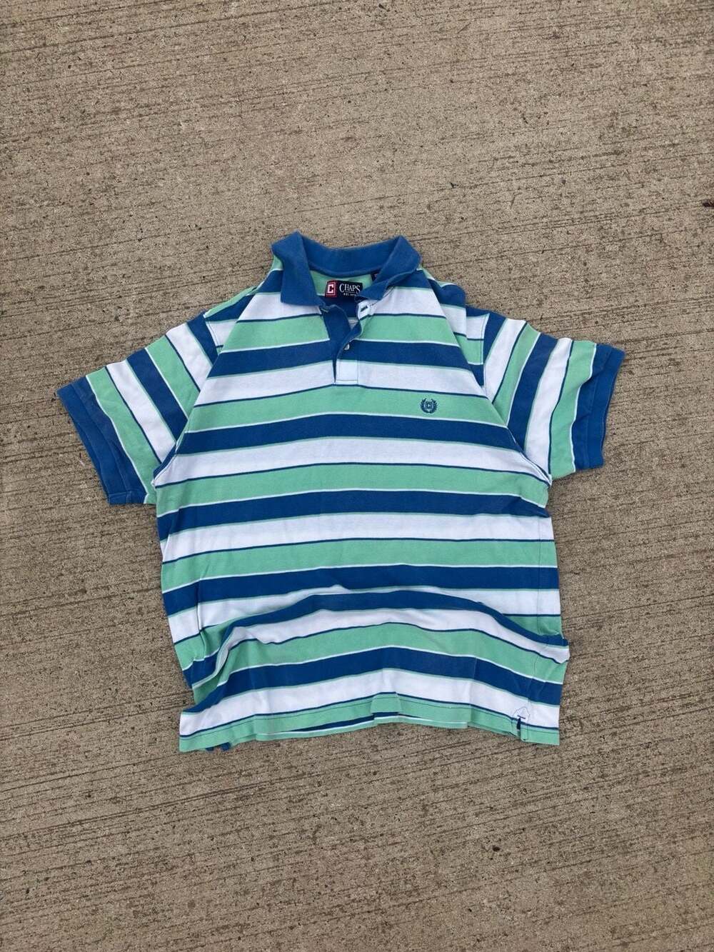 Chaps Men's Striped Polo Shirt Blue and Green Crest Logo Short Sleeve